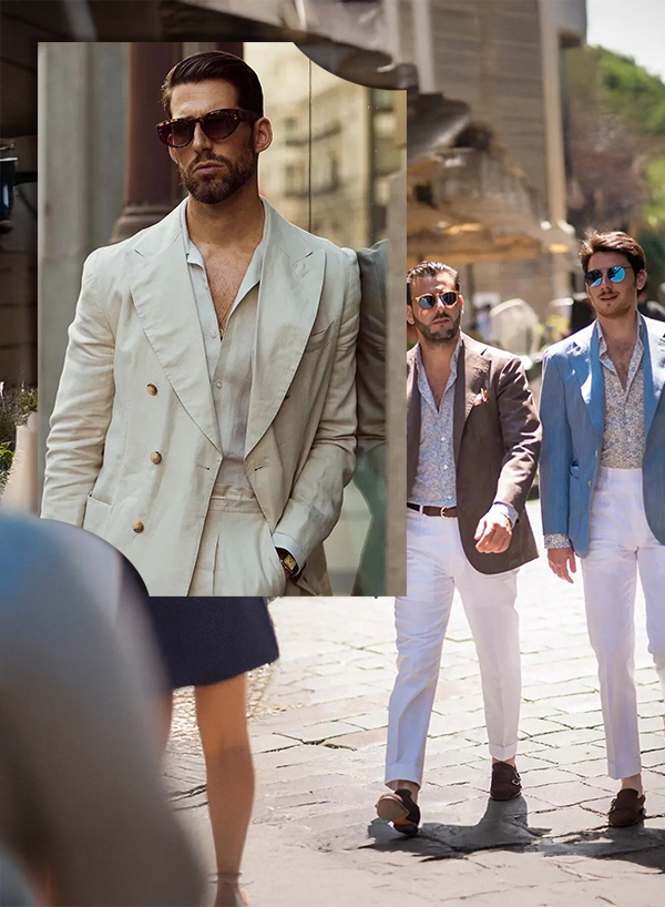 淺米色雙排釦西裝與棕色、淺藍色休閒西裝外套-搭配白褲的度假風紳士穿搭