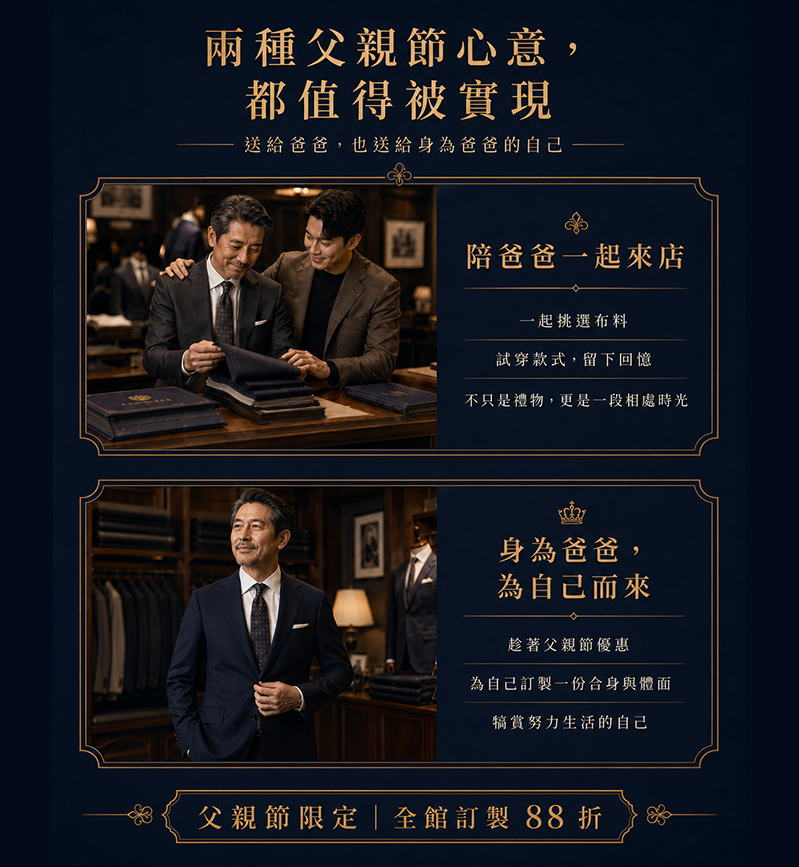 力群西服 2026 父親節企劃 Banner:兩種心意訴求(陪爸爸挑選體驗與身為爸爸犒賞自己),全館訂製享 88 折優惠