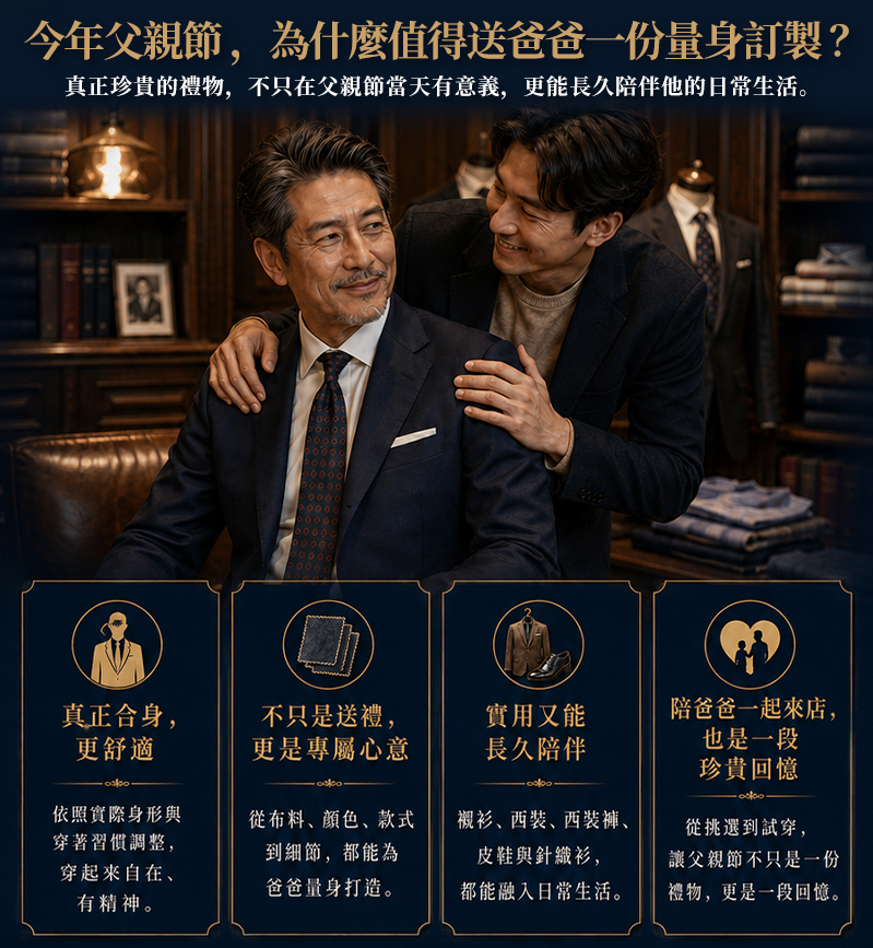 力群西服父親節企劃:解析量身訂製為父親節禮物的四大理由—舒適修身、專屬感、實用體面與陪伴體驗。