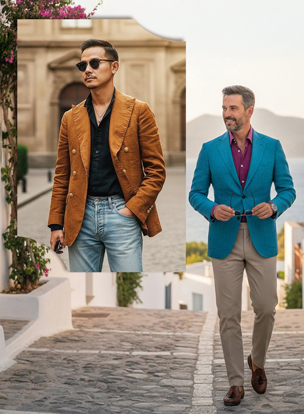 LeeCeen夏日休閒西裝混搭-棕色雙排釦西裝搭配牛仔褲與蔚藍色亞麻西裝海島穿搭-地中海度假風紳士造型