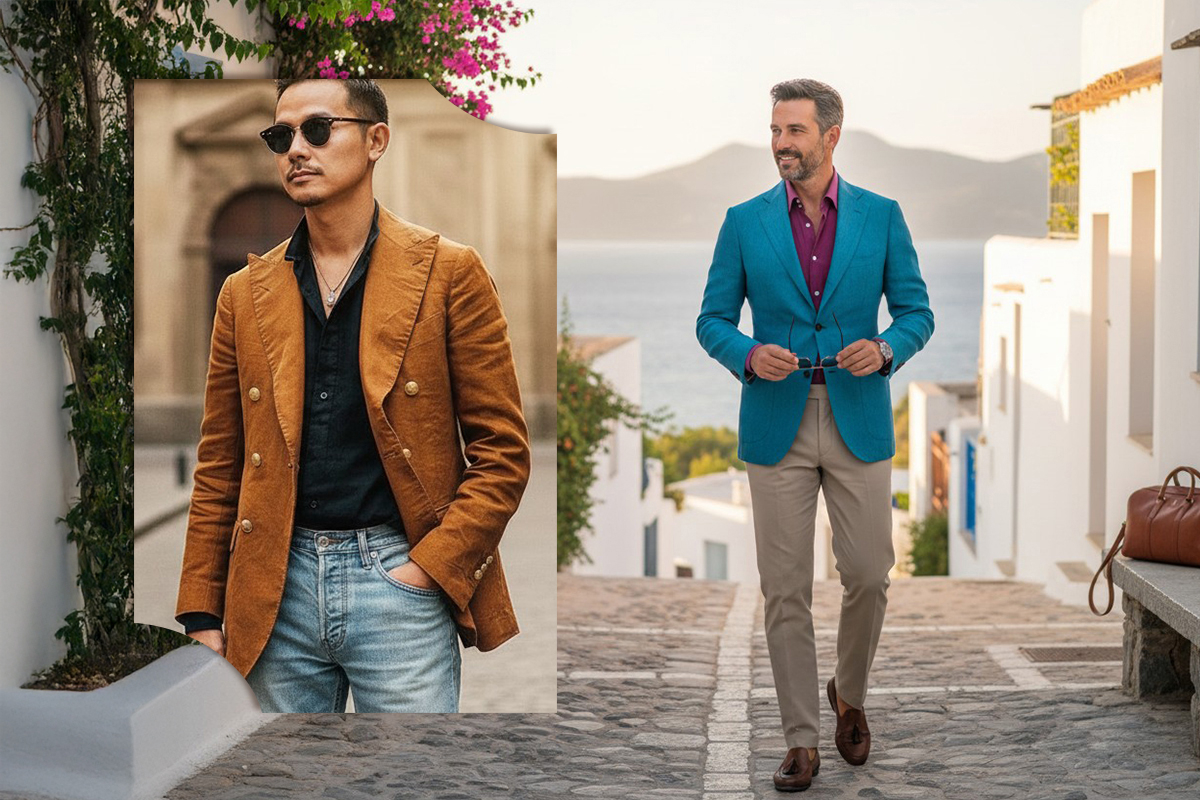 LeeCeen夏日休閒西裝混搭-棕色雙排釦西裝搭配牛仔褲與蔚藍色亞麻西裝海島穿搭-地中海度假風紳士造型