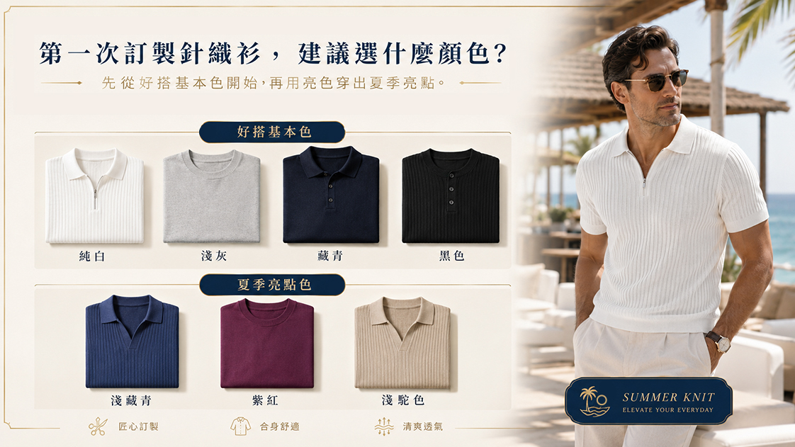 力群男士西服 (LeeCeen) 初次訂製男士針織衫配色指南，推薦純白、藏青、黑色等基本色，以及淺駝、紫紅等夏日亮點色。