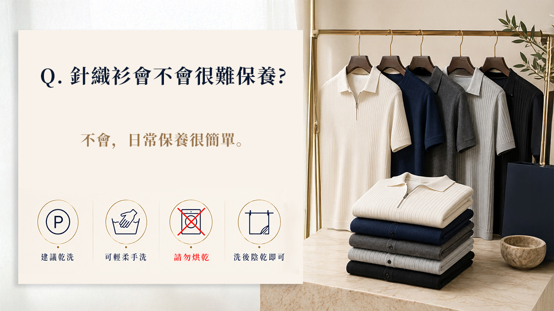 力群男士西服 (LeeCeen) 高級羊毛針織衫洗滌保養指南：說明建議乾洗、可手洗、勿烘乾與洗後陰乾等羊毛衣物照顧方法。