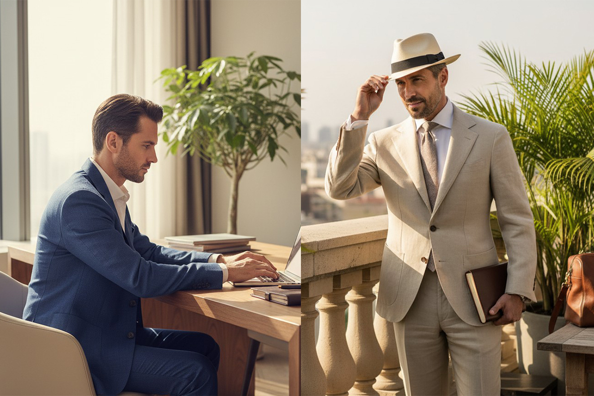 LeeCeen高實穿性亞麻西裝-深藍色商務辦公專業造型與淺米色休閒日常都會穿搭示範