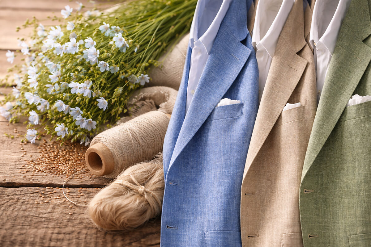 LeeCeen夏季天然亞麻西裝系列-淺藍色、米色與淺綠色休閒西裝外套-亞麻花與紗線原料工藝展示