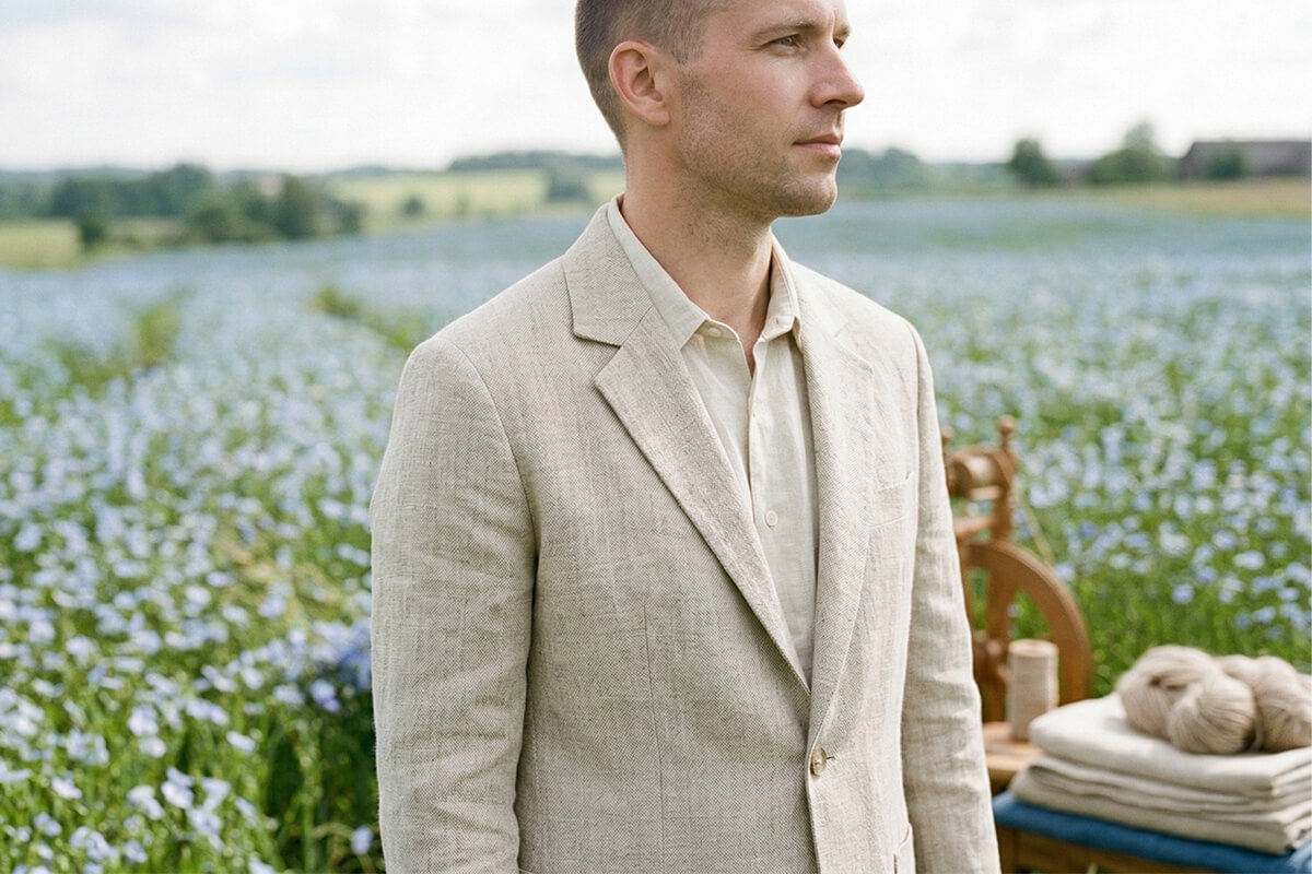 男士米白色亞麻西裝穿搭-亞麻花田與紡車背景-展現天然透氣的夏日休閒西裝材質