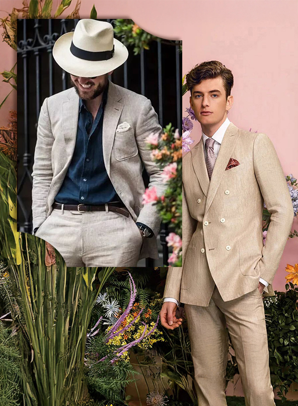 LeeCeen春夏亞麻西裝系列-淺米色雙排釦西裝與巴拿馬帽度假穿搭-搭配熱帶花卉植物背景