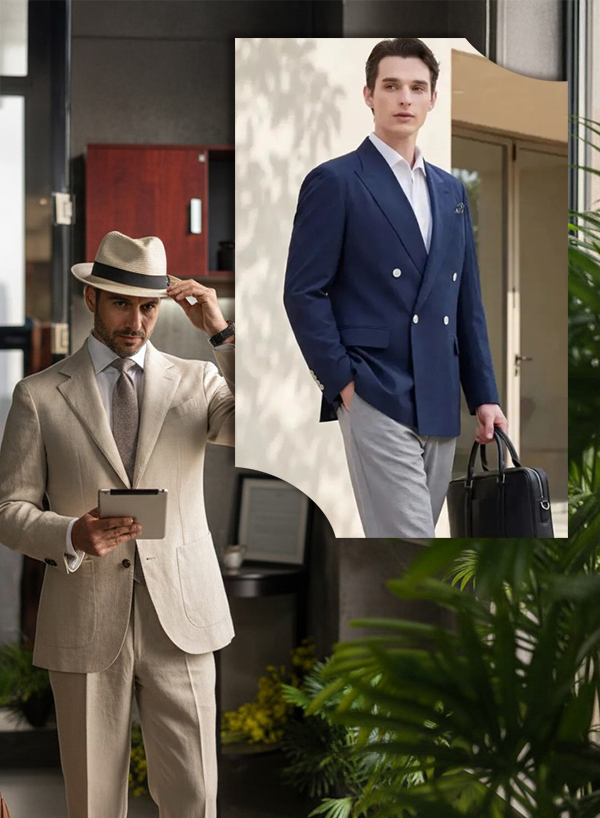 夏日商務西裝穿搭示範-淺米色亞麻套裝與海軍藍雙排釦西裝外套-都會菁英上班族與主管造型