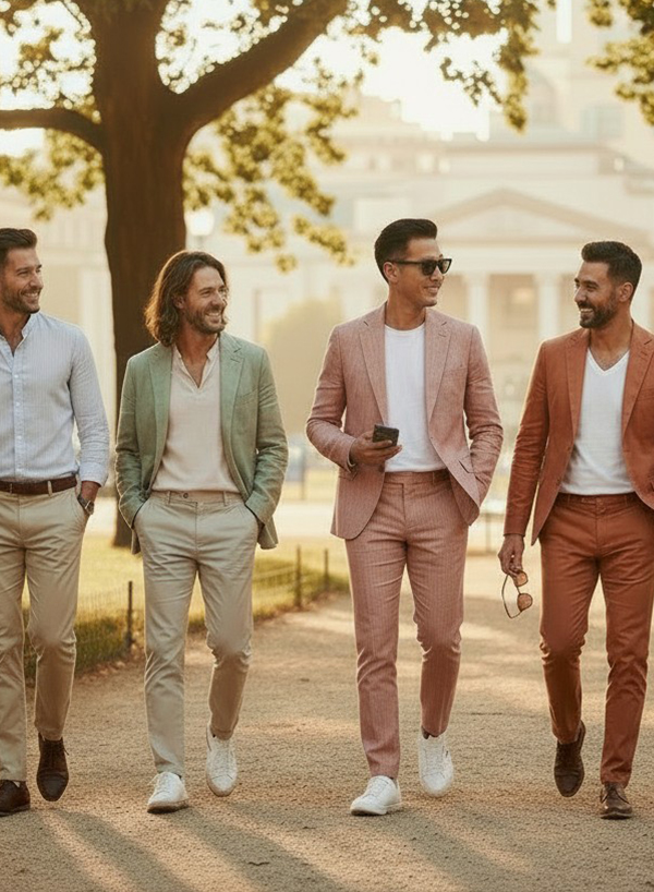 夏日多色休閒西裝穿搭-五位男士展現粉色、橘色與淺綠色西裝搭配小白鞋-伴郎團與週末聚會質感造型
