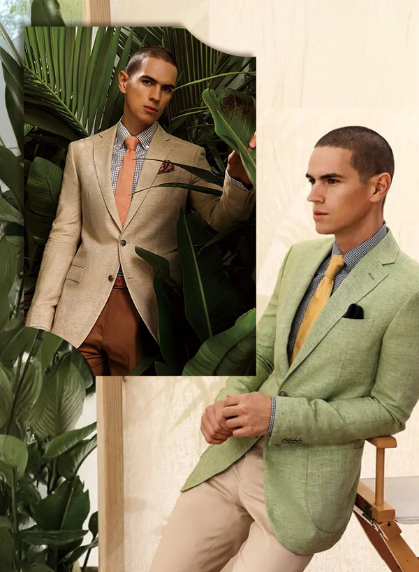 夏日度假風男士西裝穿搭-淺卡其色與淺綠色亞麻休閒西裝-搭配格紋襯衫與亮色領帶造型