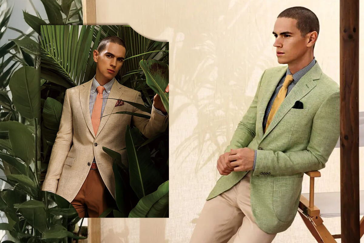 夏日度假風男士西裝穿搭-淺卡其色與淺綠色亞麻休閒西裝-搭配格紋襯衫與亮色領帶造型