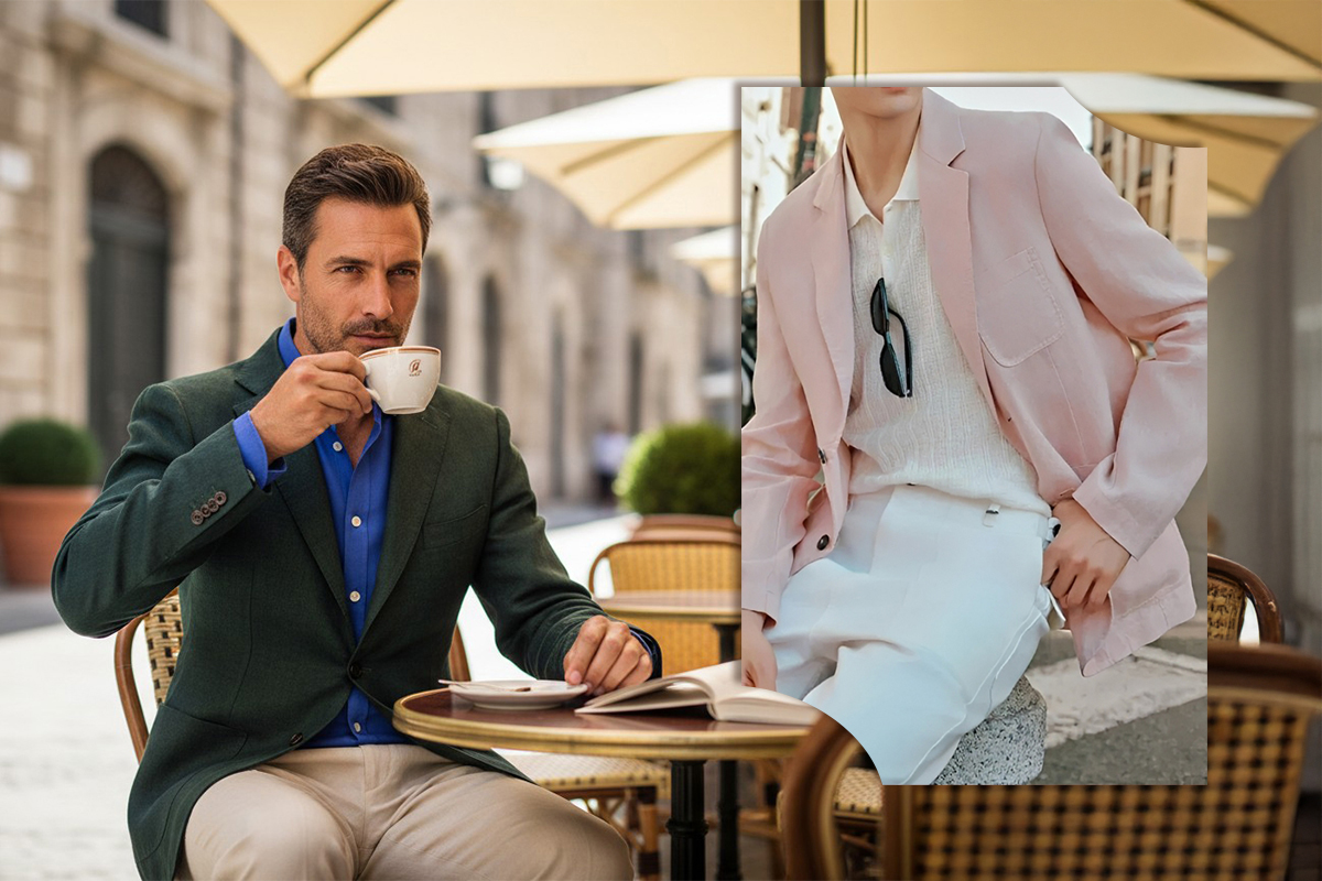 深綠色亞麻西裝套裝與淺粉色亞麻西裝外套搭配白褲的復古都會休閒風格