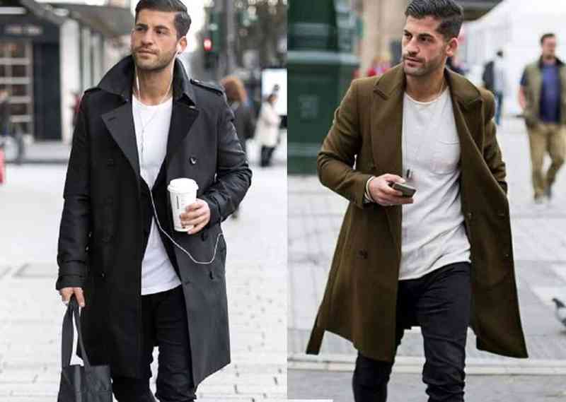 黑色大衣與綠色大衣搭配T恤