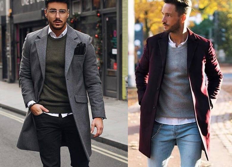 灰色大衣與紅色大衣搭配羊絨衫
