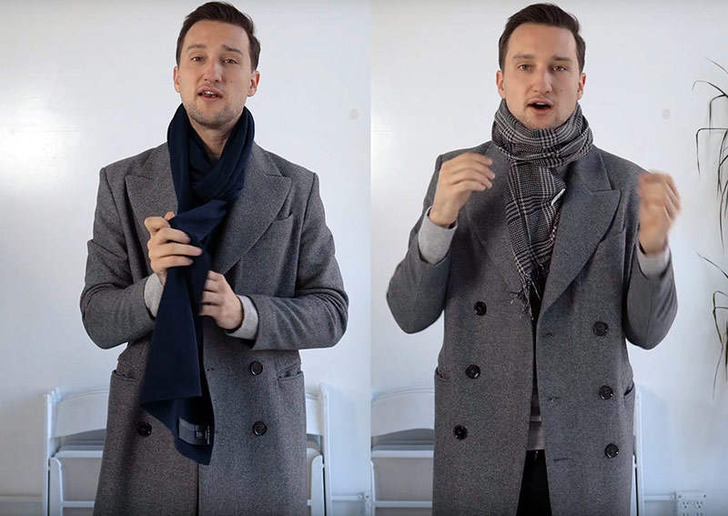 灰色大衣搭配黑色圍巾與格紋圍巾