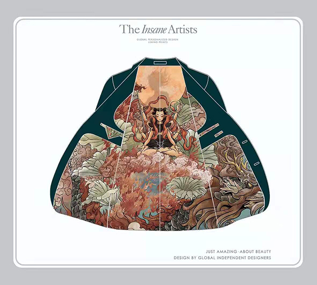 綠色西裝搭配華麗的東方圖案內裡手繪圖