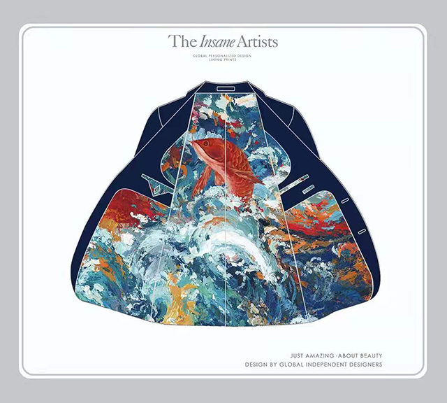 深藍西裝搭配東方魚躍龍門內裡手繪圖