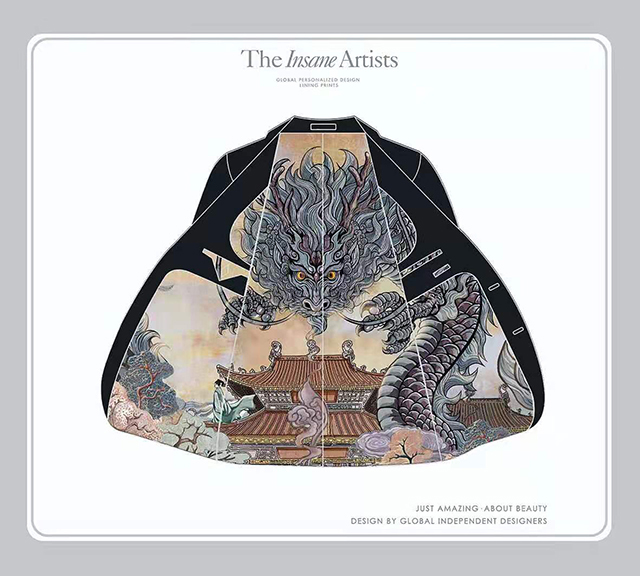 黑色西裝搭配東方飛龍內裡手繪圖