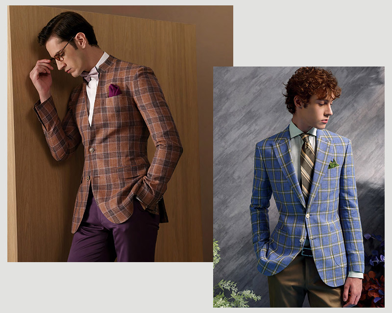 MARZONI棕色格紋亞麻西裝與粉藍色格紋亞麻西裝