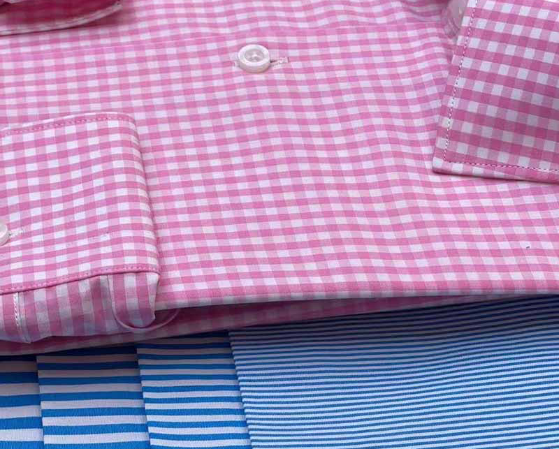 FLAMENCO 100%純棉紗羅襯衫面料-粉色格紋襯衫及藍色條紋布料