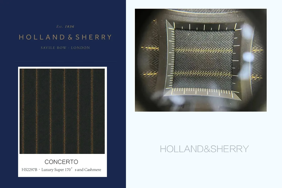 Holland & Sherry品牌logo與布料卡及看布鏡下放大的布料