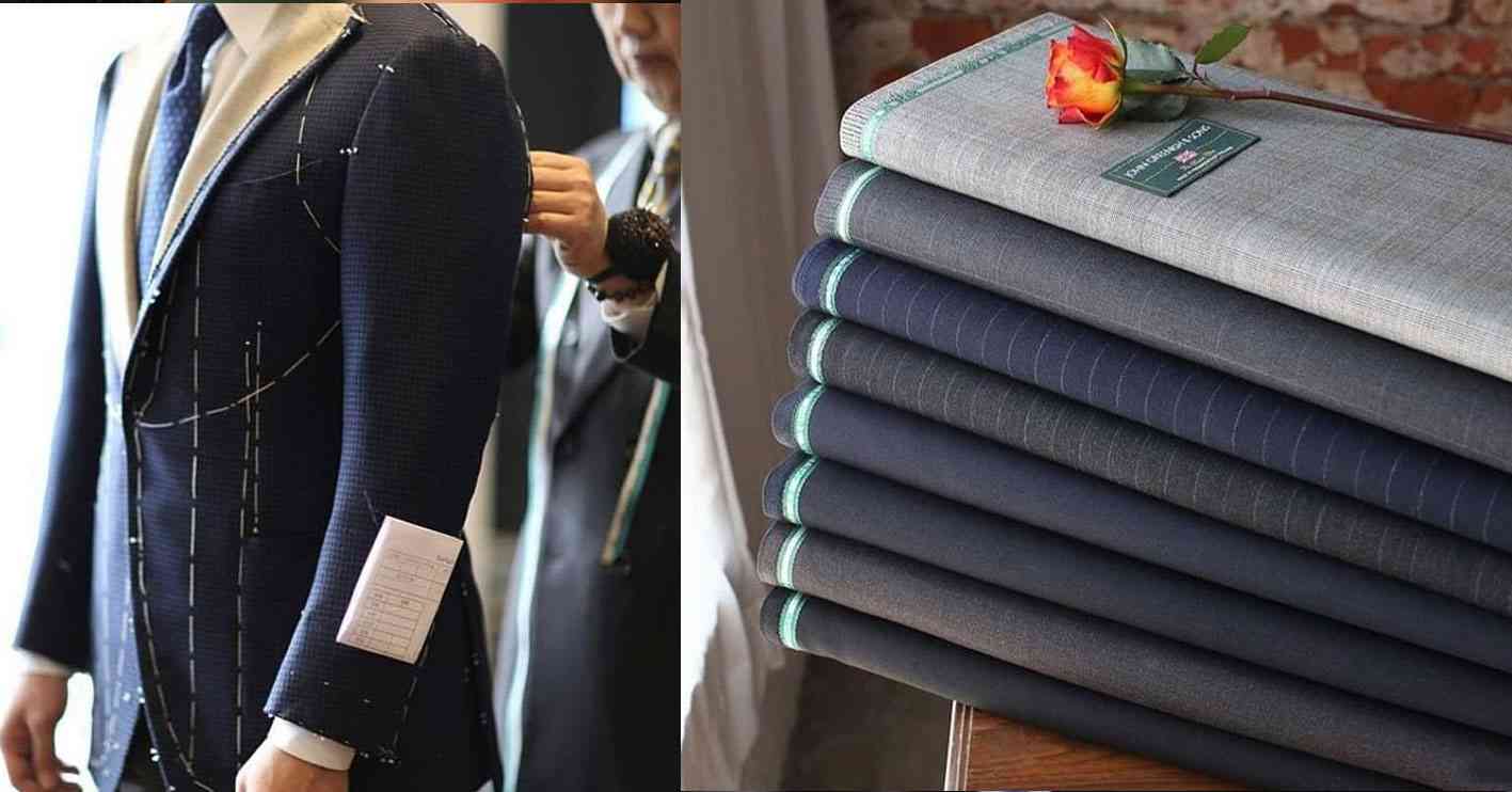 消費者進行西裝試衣與布料陳設