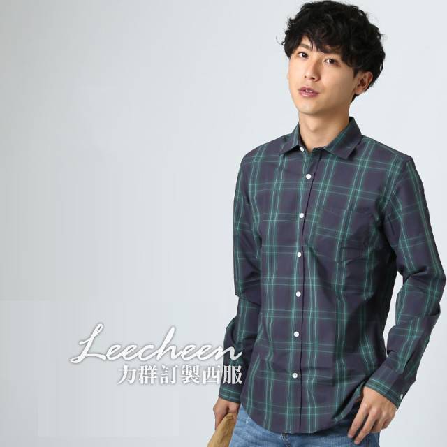 男士著綠藍相間格紋襯衫