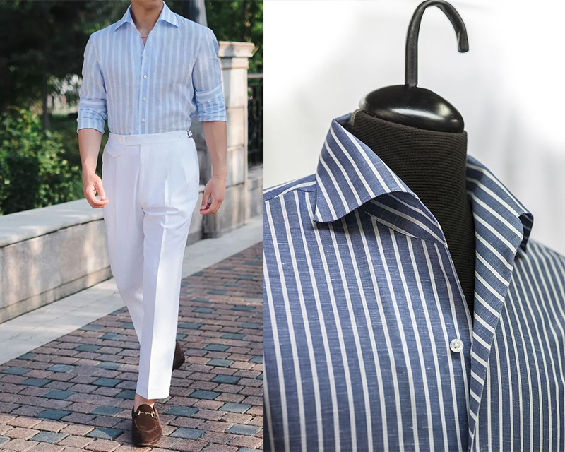 有藍條紋一片領訂製襯衫 