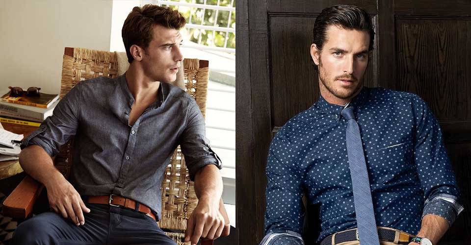 著灰色素面襯衫及深色圓點襯衫男士