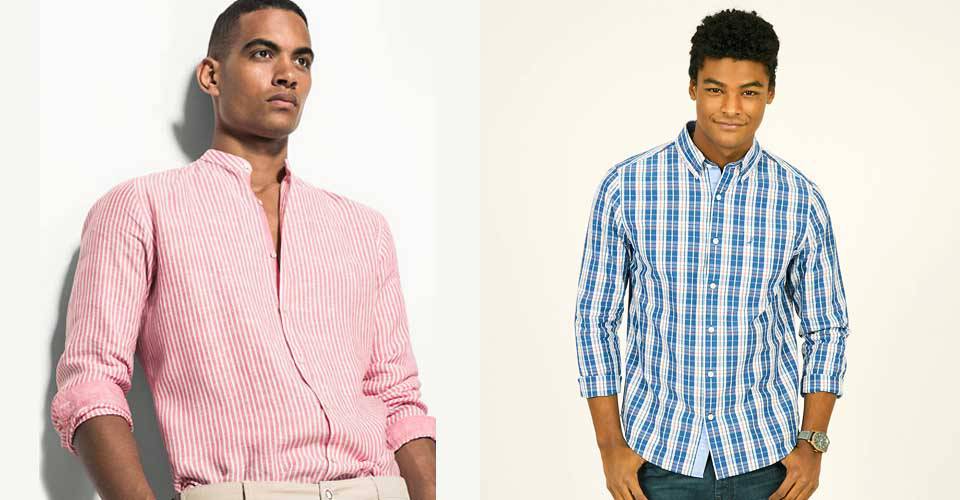 身著粉色條紋及藍色格紋襯衫男士