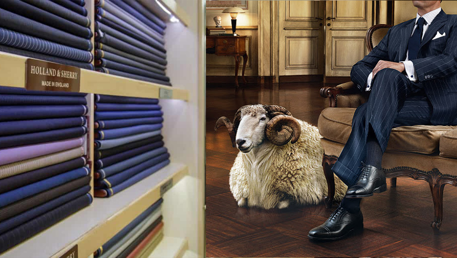 布料展示櫃及身穿條紋西裝的男士與山羊