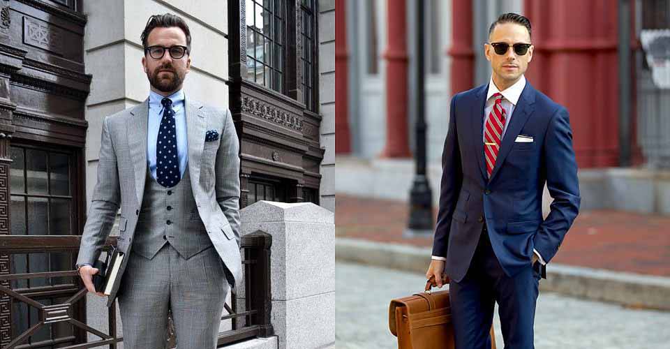 淺灰色三件式上班西裝與深藍色上班西裝