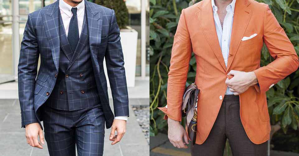 藍色格紋上班西裝與橘色休閒西裝外套穿搭