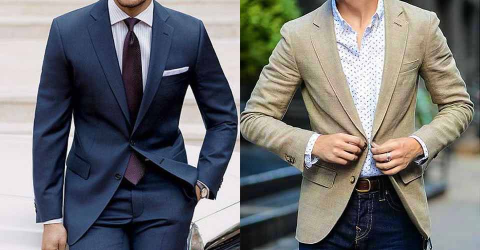 深灰色上班西裝與米色休閒西裝外套穿搭