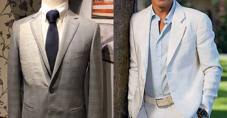 灰色半毛襯上班西裝與白色休閒西裝外套