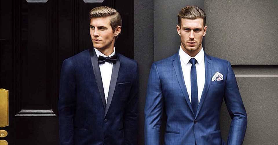 穿著藍色格紋西裝與深藍紳士禮服男士們