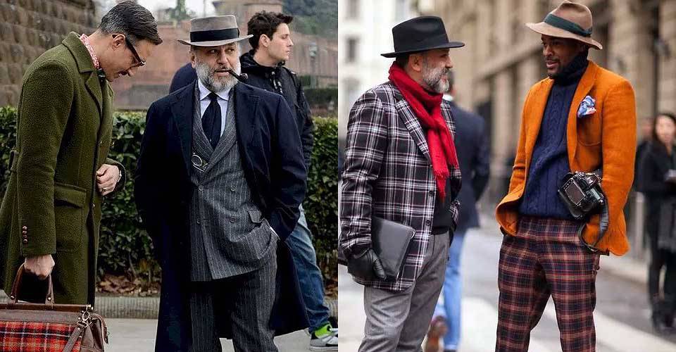 穿著綠色大衣、深色大衣、格紋西裝、橘色西裝的大叔們