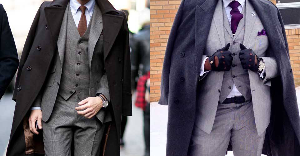 黑色大衣與深藍色大衣搭配三件式西裝套裝