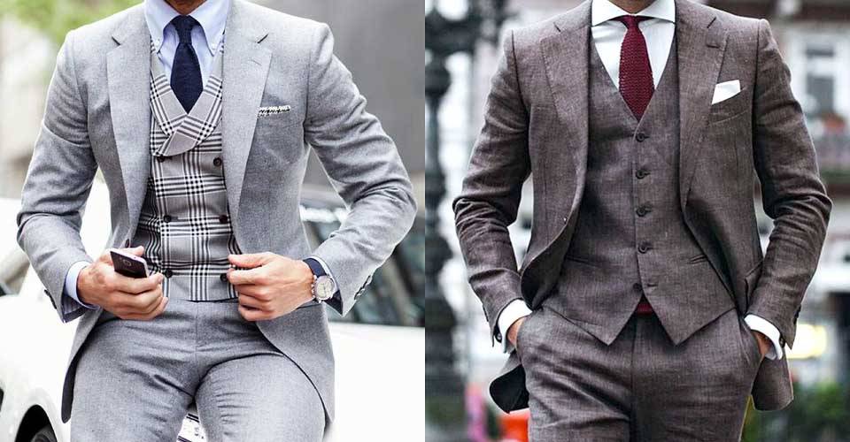 淺灰色西裝搭格紋背心，深灰色三件式西裝套裝