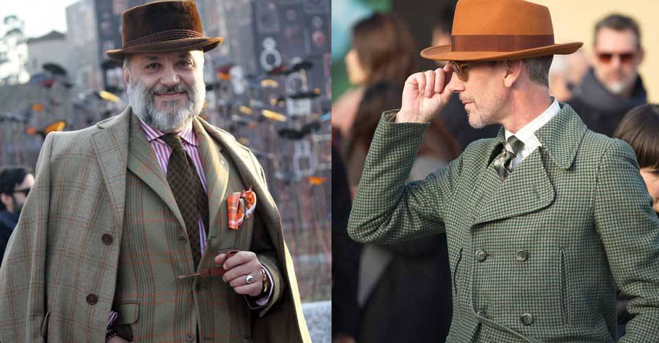 淺色格紋大衣及細格紋大衣搭上高帽的大叔們