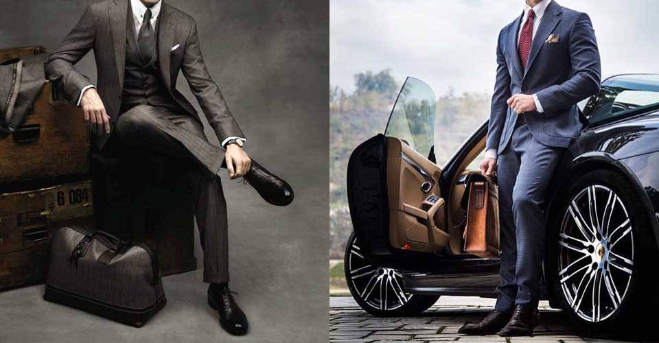 身著灰條紋西裝與深藍西裝套裝的帥氣男士們