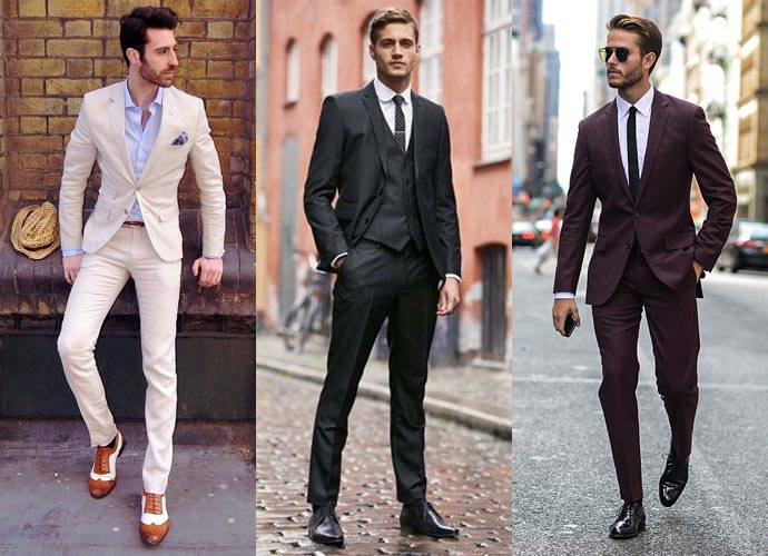 分別穿著米白色西裝、黑色西裝、暗紅色西裝的男士們
