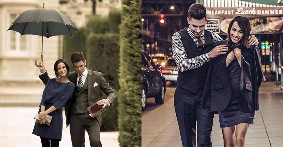 為女士撐傘及披上外套的男士