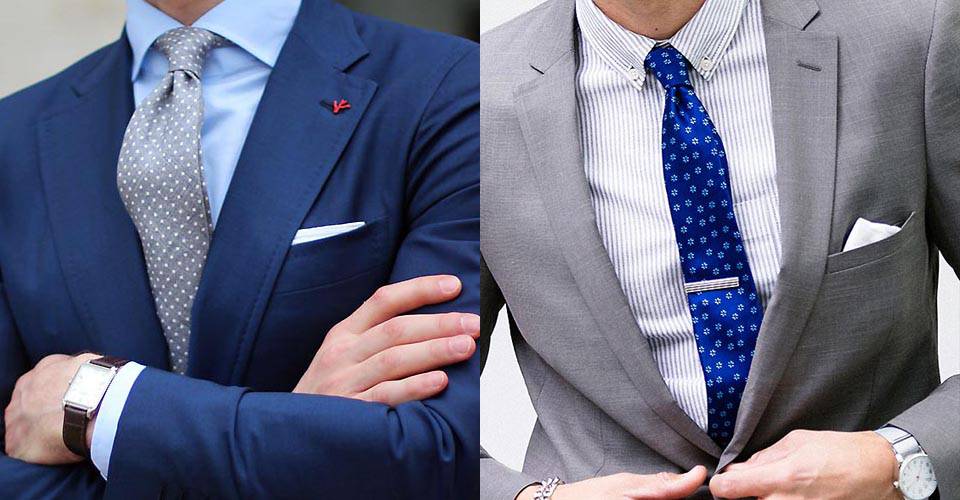 藍色西裝與灰色西裝搭配白色口袋巾