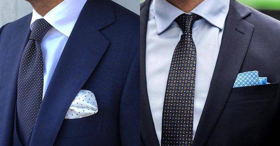 西裝搭配白色圓點及藍色斜紋口袋巾