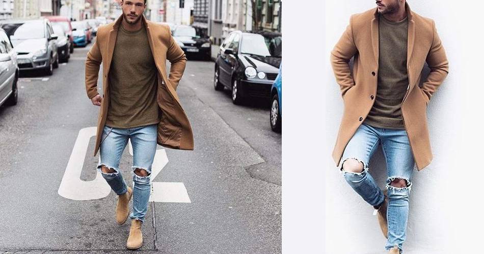 駝色大衣配牛仔褲