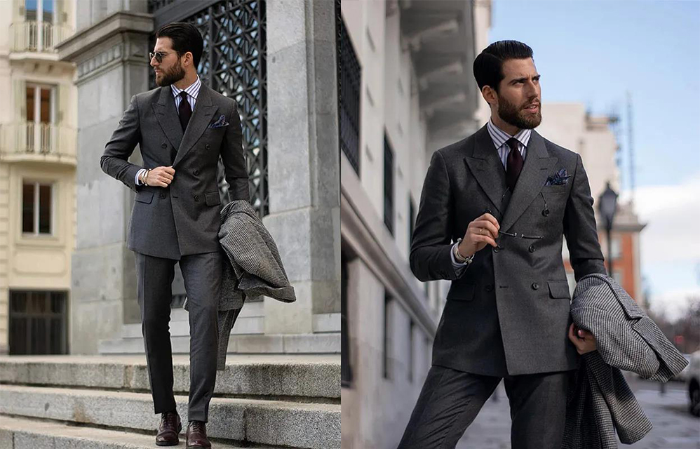 深灰色雙排釦西裝穿搭