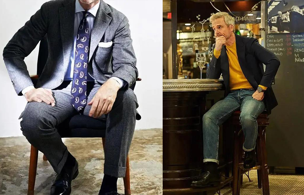 中灰色西裝套裝及黑色西裝外套混搭牛仔褲