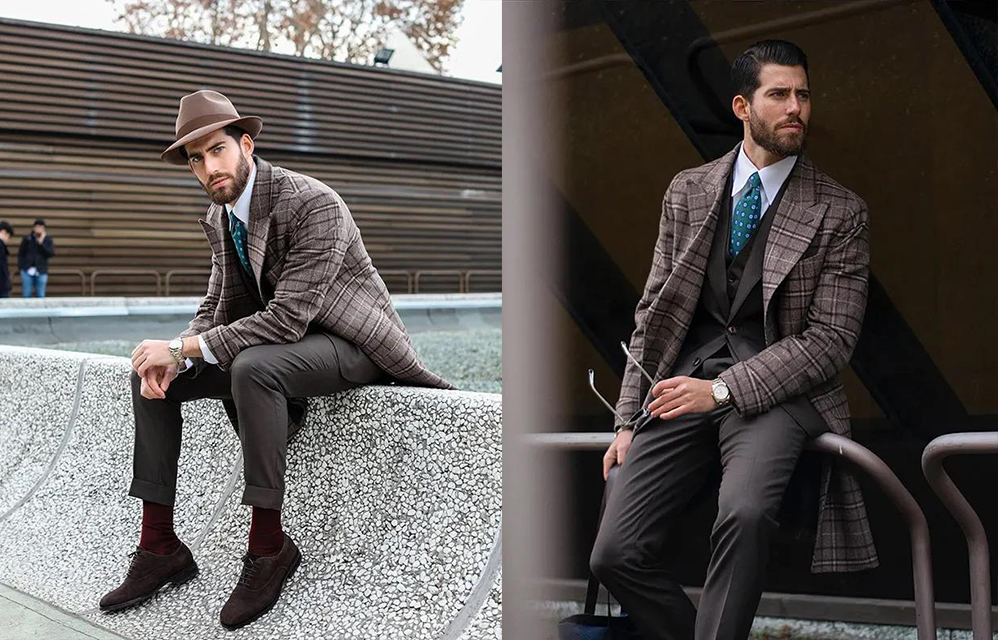 淺褐色格紋西裝大衣整體搭配
