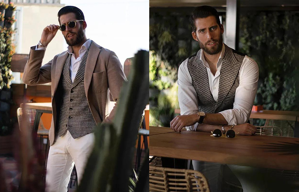 淺褐色西裝外套與細格紋有領背心搭配